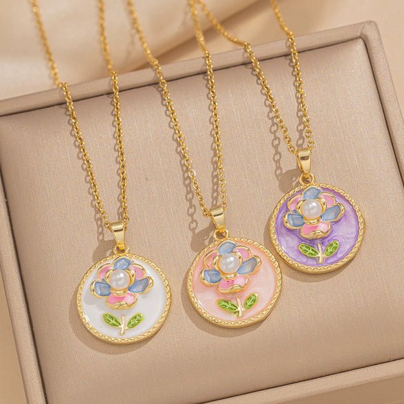 Wholesale Women's Titanium Steel Necklace With Copper Pendant In Monet's Garden Oil Painting Style Flower Shape Dripping Oil Design O Word Chain Light Luxury French Retro Simple