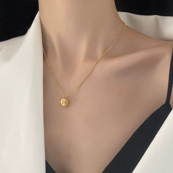 Wholesale Women's Titanium Steel Necklace With Double Sided Golden Ball Chain And Geometric Pendant Vacuum Plated With Real Gold In Furnace