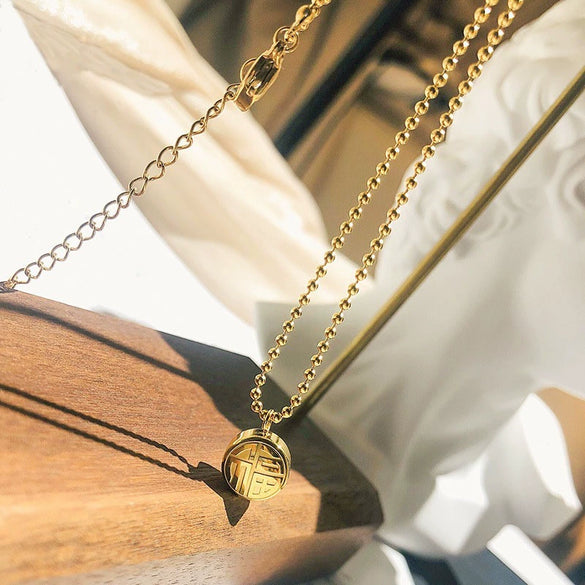 Wholesale Women's Titanium Steel Necklace With Double Sided Golden Ball Chain And Geometric Pendant Vacuum Plated With Real Gold In Furnace