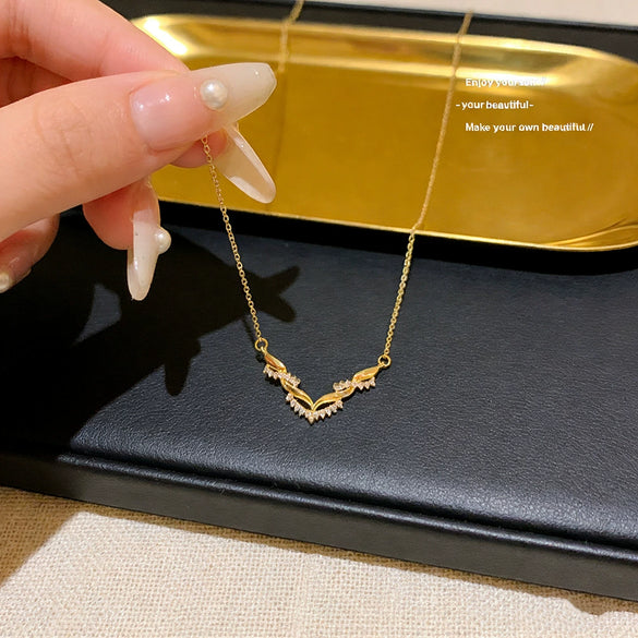 Wholesale Women's Titanium Steel Necklace With Doublerow Winding Vshaped Pendant Inlaid With Zircon In Letters Numbers And Text Light Luxury Design