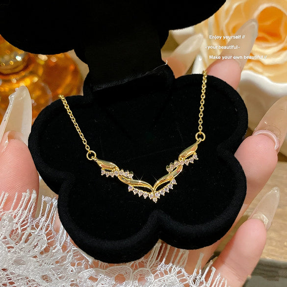 Wholesale Women's Titanium Steel Necklace With Doublerow Winding Vshaped Pendant Inlaid With Zircon In Letters Numbers And Text Light Luxury Design