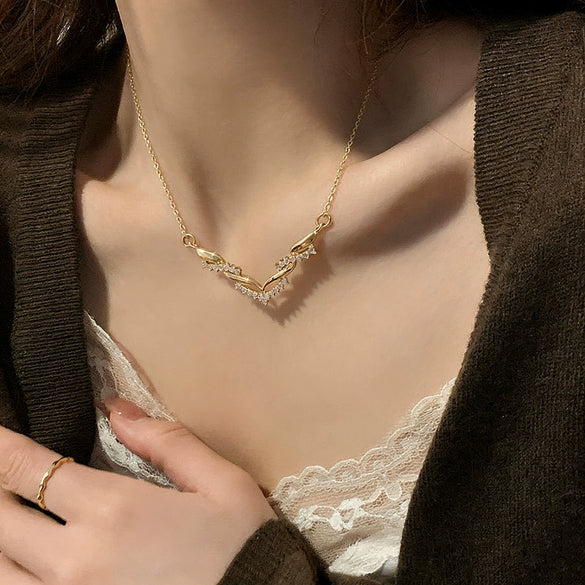 Wholesale Women's Titanium Steel Necklace With Doublerow Winding Vshaped Pendant Inlaid With Zircon In Letters Numbers And Text Light Luxury Design