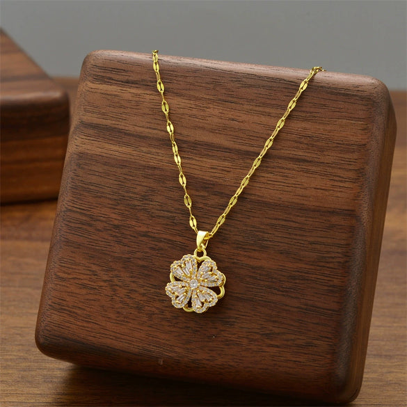 Wholesale Women's Titanium Steel Necklace With Four Leaf Clover Pendant Mixed Gemstone Inlay Electroplating Treatment