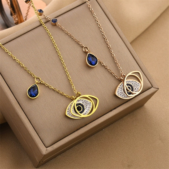 Wholesale Women's Titanium Steel Necklace With Geometric Devil's Eye Pendant And O Word Chain Electroplated