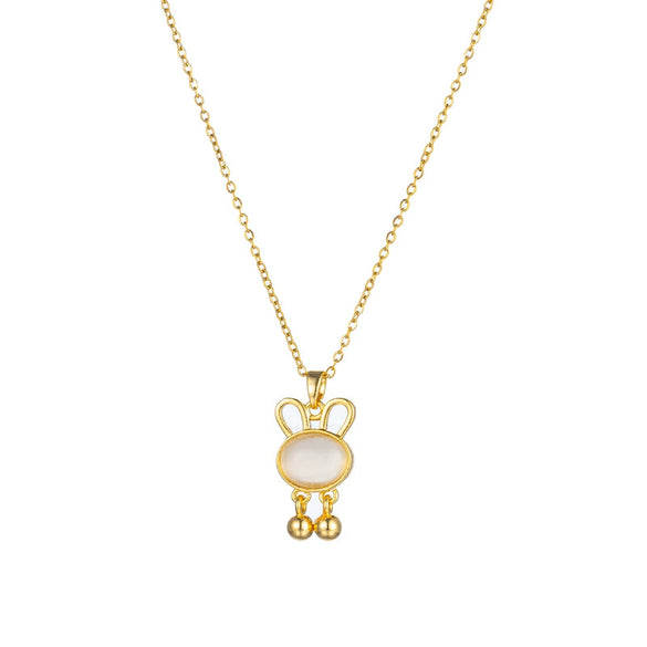 Wholesale Women's Titanium Steel Necklace With Mixed Gemstone Inlay Cat's Eye Stone Rabbit Pendant In Light Luxury Style And Animal Zodiac Design