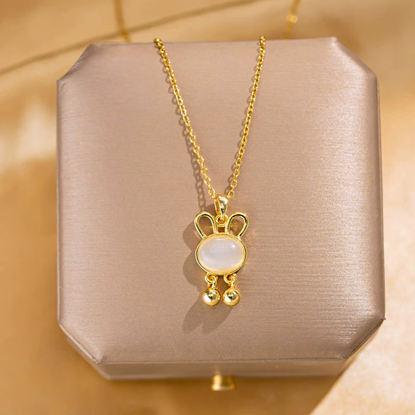 Wholesale Women's Titanium Steel Necklace With Mixed Gemstone Inlay Cat's Eye Stone Rabbit Pendant In Light Luxury Style And Animal Zodiac Design