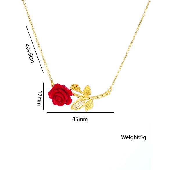 Wholesale Women's Titanium Steel Necklace With Red Rose Flower Pendant Microinlaid Zircon Electroplated In Vacuum Furnace For Fashionable Temperament