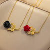 Wholesale Women's Titanium Steel Necklace With Red Rose Flower Pendant Microinlaid Zircon Electroplated In Vacuum Furnace For Fashionable Temperament