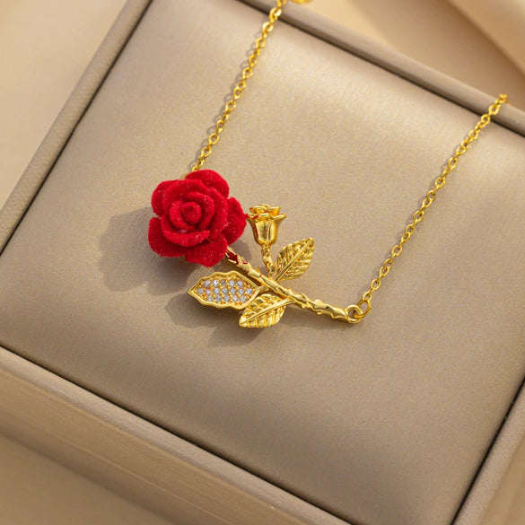 Wholesale Women's Titanium Steel Necklace With Red Rose Flower Pendant Microinlaid Zircon Electroplated In Vacuum Furnace For Fashionable Temperament