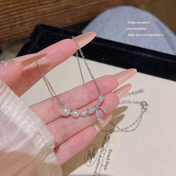 Wholesale Women's Titanium Steel Opal Bow Inlaid Zircon Clavicle Chain Fashion Accessory