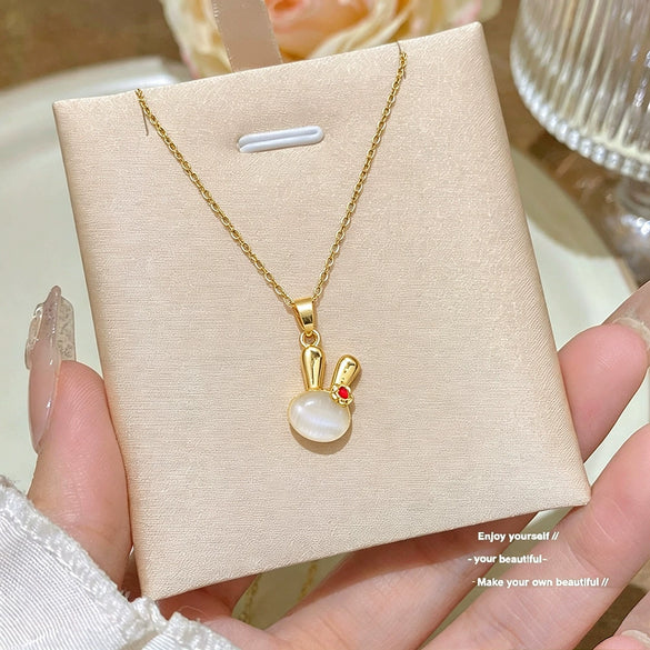 Wholesale Women's Titanium Steel Oshaped Chain Necklace With Copper Zirconinlaid Animal Rabbit Pendant Featuring Color Retention Enhancement