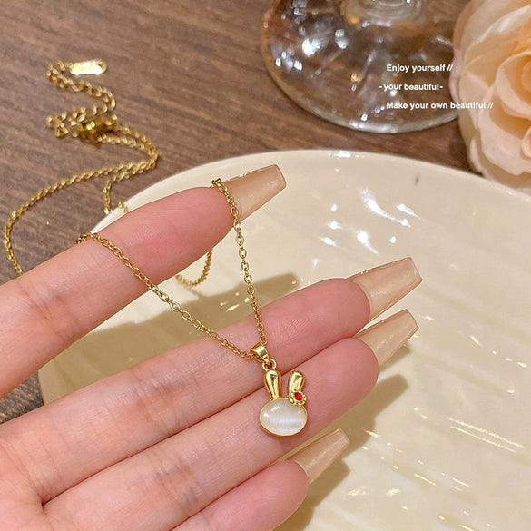 Wholesale Women's Titanium Steel Oshaped Chain Necklace With Copper Zirconinlaid Animal Rabbit Pendant Featuring Color Retention Enhancement