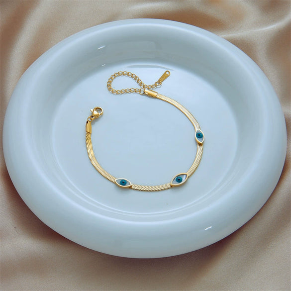 Wholesale Women's Titanium Steel Oval Blade Chain Bracelet Retro Simple Electroplated Blue And White Eyes Design