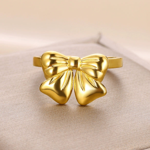 Wholesale Women's Titanium Steel Plated Gold Bow Ring Electroplated Simple Style