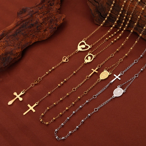 Wholesale Women's Titanium Steel Portrait Round Cross Pendant Necklace With Geometric Design And Electroplating Treatment