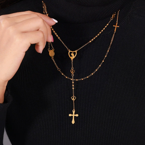 Wholesale Women's Titanium Steel Portrait Round Cross Pendant Necklace With Geometric Design And Electroplating Treatment