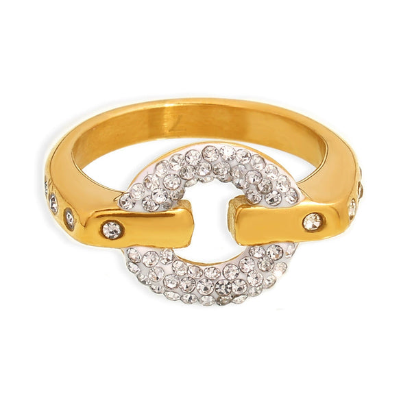 Wholesale Women's 316L Stainless Steel Rhinestone Ring With Geometric Pattern And 18K Gold Plated Treatment