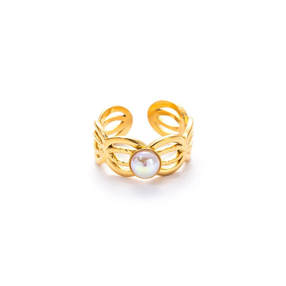 Wholesale Women's Titanium Steel Ring Inlaid With Colorful Natural Stone Retro Niche Geometric U Shape 18K Gold Plated