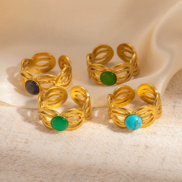 Wholesale Women's Titanium Steel Ring Inlaid With Colorful Natural Stone Retro Niche Geometric U Shape 18K Gold Plated
