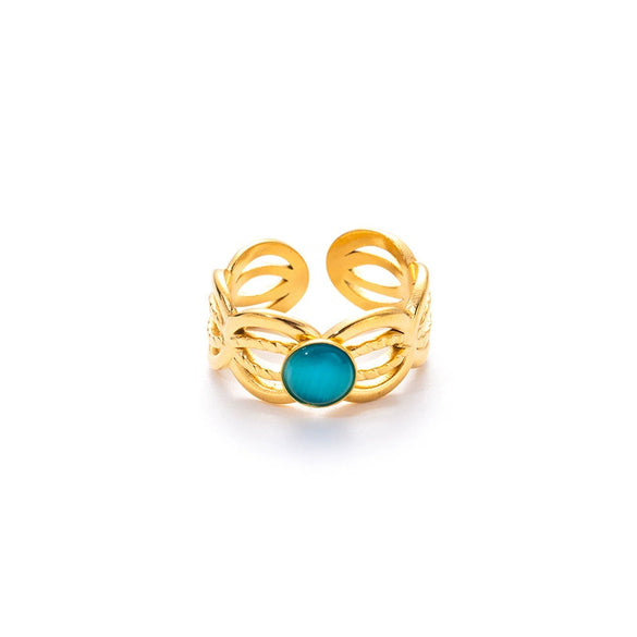 Wholesale Women's Titanium Steel Ring Inlaid With Colorful Natural Stone Retro Niche Geometric U Shape 18K Gold Plated