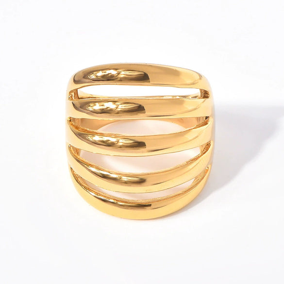 Wholesale Women's Titanium Steel Ring With Geometric Stripe Hollow Design And 18K Gold Plated Electroplating