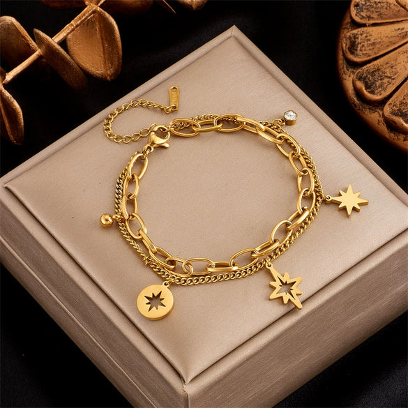 Wholesale Women's Titanium Steel Round Plate Fivepointed Star Eye Electroplated Bracelet Fashion Retro Light Luxury Style