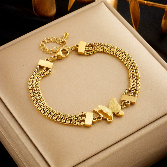 Wholesale Women's Titanium Steel Stacked Bracelet With Three Dimensional Frosted Butterfly Design And Electroplating Treatment