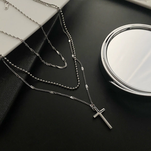 Wholesale Women's Titanium Steel Three Layer Cross Necklace With Geometric Design And Cold Light Luxury Style