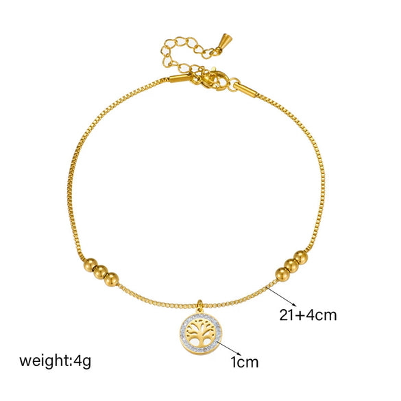 Wholesale Women's Titanium Steel Tree Of Life Pendant Anklet With Gold Bead Chain Simple Luxury Style
