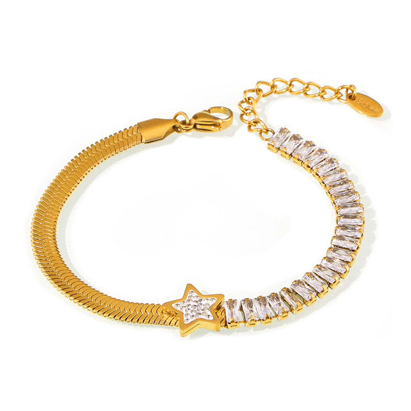 Wholesale Women's Titanium Steel Zircon Geometric Fivepointed Star Rectangular Plated 18K Gold Bracelet Jewelry