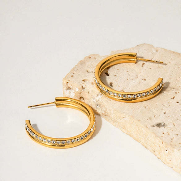 Wholesale Women's Trendy Fashion Wind Double Layer Earrings With Full Diamond 18K Gold Plated Stainless Steel Geometric Pattern