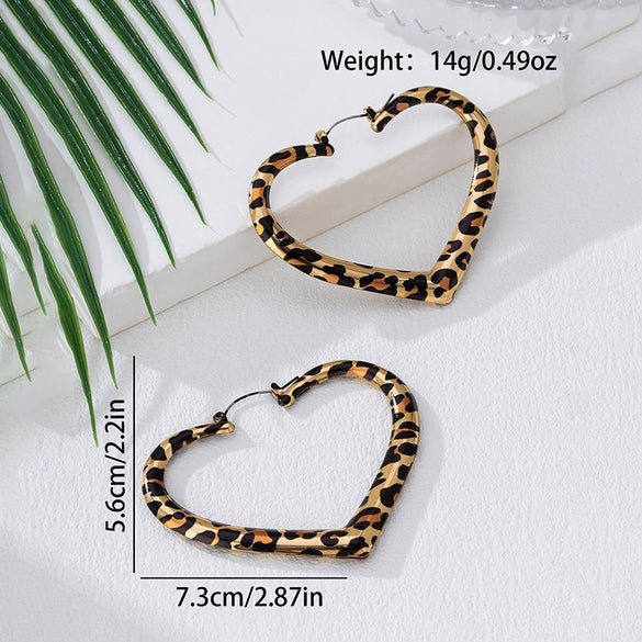 Wholesale Women's Trendy Leopard Print Geometric Alloy Electroplated Heartshaped Earrings