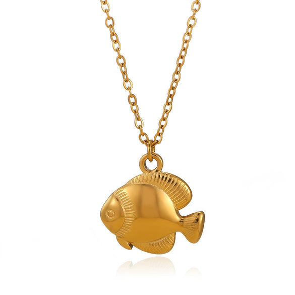 Wholesale Women's Tropical Ocean Small Fish And Starfish Stainless Steel 18K Gold Plated Geometric Animal Zodiac Pendant Necklace With O Word Chain