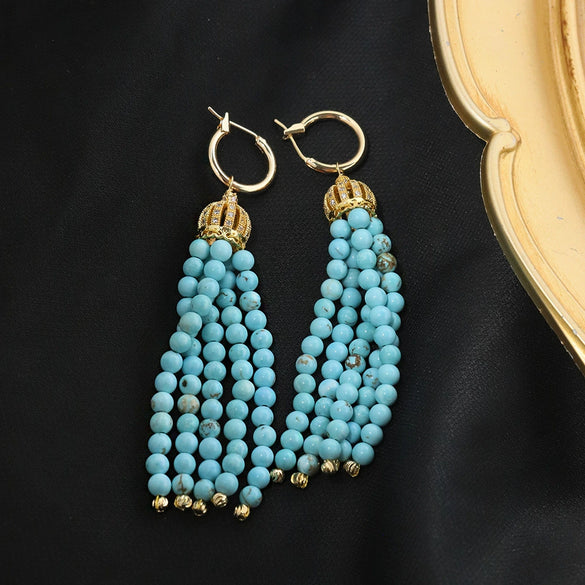 Wholesale Women's Turquoise Beaded Tassel Earrings With Electroplating Design