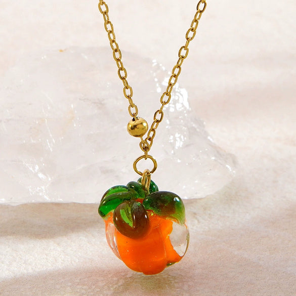 Wholesale Women's Unique Fruit Pattern Stainless Steel Electroplated Jewelry Set With O Word Chain Pendant Necklace And Pumpkin Earrings