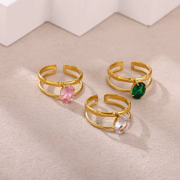 Wholesale Women's Universal Eggshaped And Fruitshaped Colorful Zircon Titanium Steel Ring With Inlaid Gold And Geometric Light Luxury Style