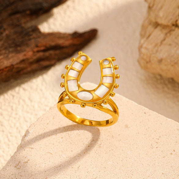 Wholesale Women's Ushaped Geometric Stainless Steel And Titanium Steel Ring With Pvd Furnace Vacuum Real Gold Plating