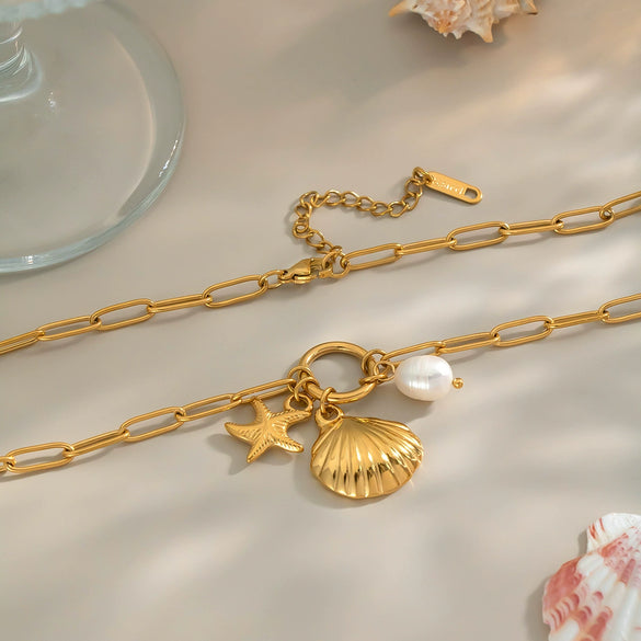 Wholesale Women's Vacation Ocean Style Shell Pearl Matching Elegant Stainless Steel Jewelry With Geometric Shape And Pvd Vacuum Real Gold Electroplating