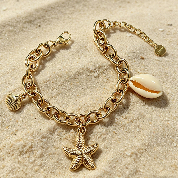 Wholesale Women's Vacation Style Geometric Shell And Starfish Stainless Steel Vacuum Plated Bracelet