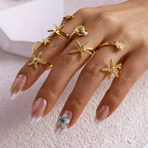 Wholesale Women's Vacation Style Minimalist Starfish And Scallop Alloy Open Ring Set With Electroplating