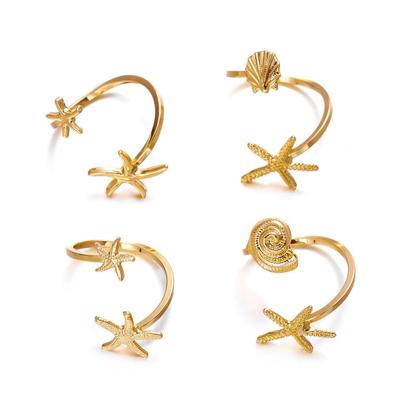 Wholesale Women's Vacation Style Minimalist Starfish And Scallop Alloy Open Ring Set With Electroplating