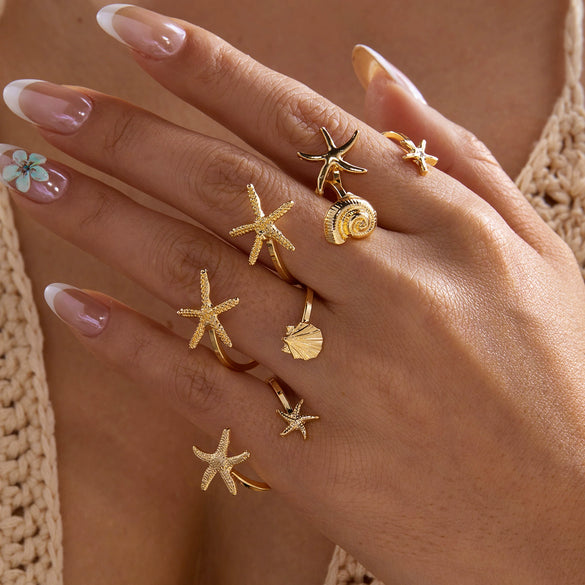 Wholesale Women's Vacation Style Minimalist Starfish And Scallop Alloy Open Ring Set With Electroplating
