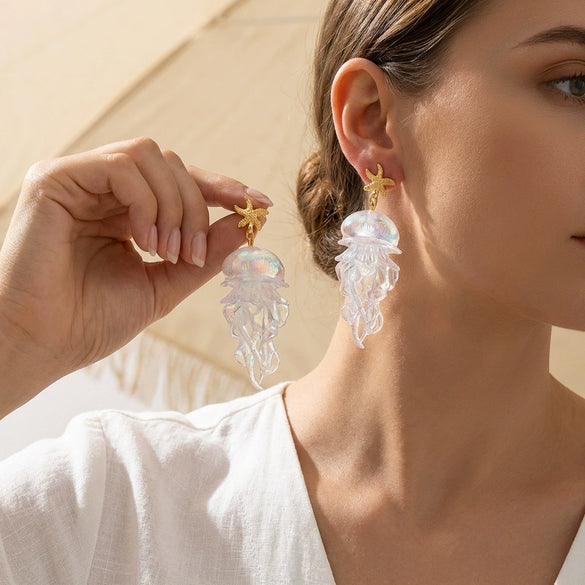 Wholesale Women's Vacation Style Minimalist Starfish Gradient Jellyfish Acrylic Electroplated Steel Earrings