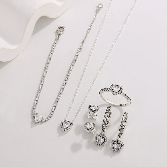 Wholesale Women's Versatile Electroplated Heartshaped Jewelry Set Made Of White Copper Including Earrings Ring Necklace And Bracelet