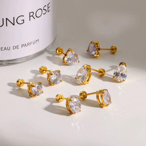Wholesale Women's Versatile Geometric Drop Shape Round And Heart Shape Diamondencrusted Titanium Steel And Stainless Steel Earrings With Pvd Furnace Vacuum Real Gold Plating