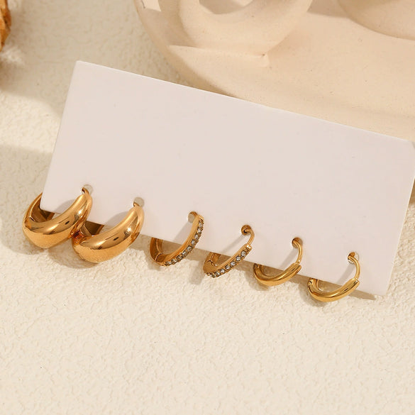 Wholesale Women's Versatile Geometric Stainless Steel 18K Gold Color Electroplated Earrings Three Piece Set