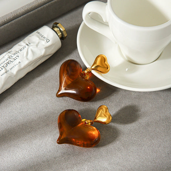 Wholesale Women's Vintage Amber Stainless Steel Geometric Heartshaped Electroplated Earrings