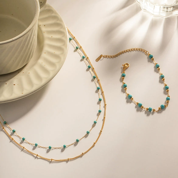 Wholesale Women's Vintage Doublelayer Beaded Stainless Steel And Titanium Steel Goldplated Geometric Style Necklace