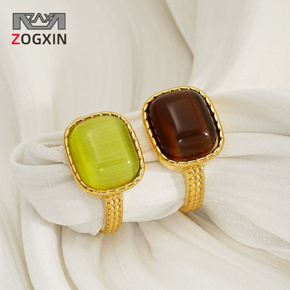 Wholesale Women's Vintage Electroplated Stainless Steel Cat's Eye Stone Eye Pattern Square Ring Jewelry Accessory