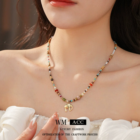 Wholesale Women's Vintage Ethnic Style Stained Glass Beaded Elephant Pendant Necklace With Handmade Niche Collarbone Chain Geometric And Animal Pattern